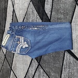 ROCK REVIVAL BETTY SILVER SEQUINS RHINESTONES FAUX-FLAP BOOT-CUT DENIM JEAN